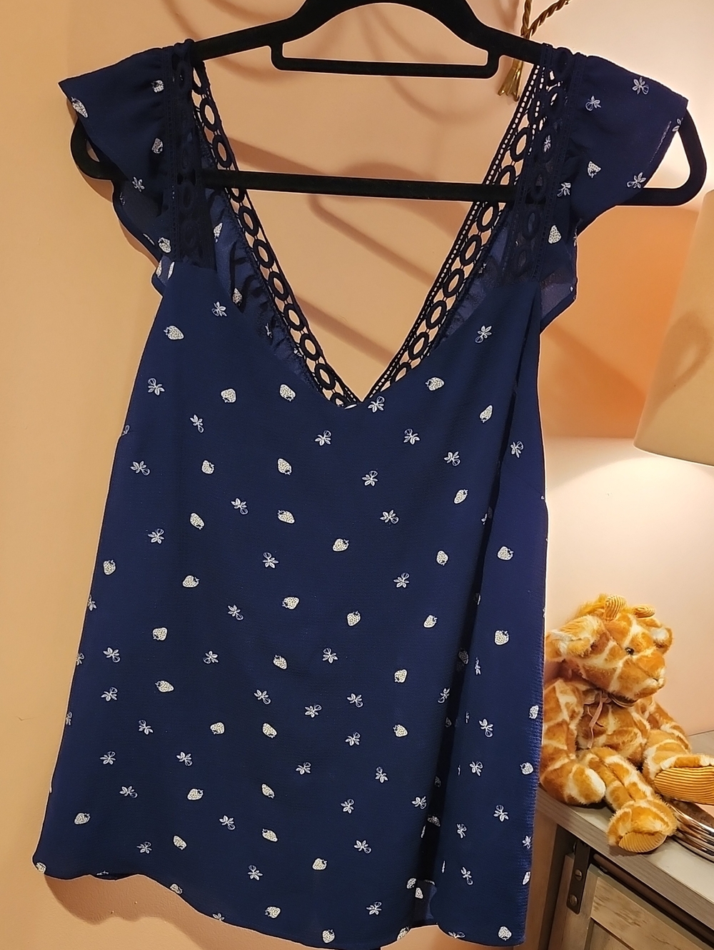 Xhilaration Navy Blue Floral V-Neck Flutter Sleeve Top